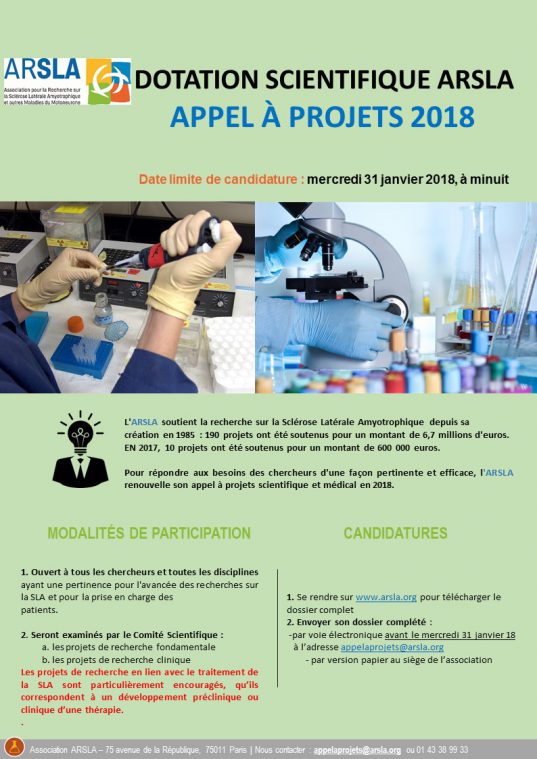 appel à projets scientifique et médical ARSLA 2018